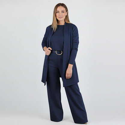 Elegant 3-delars set som inkluderar lång cardigan, topp och byxor