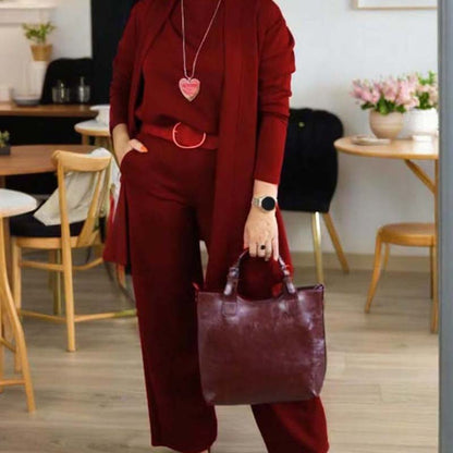 Elegant 3-delars set som inkluderar lång cardigan, topp och byxor