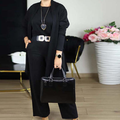Elegant 3-delars set som inkluderar lång cardigan, topp och byxor