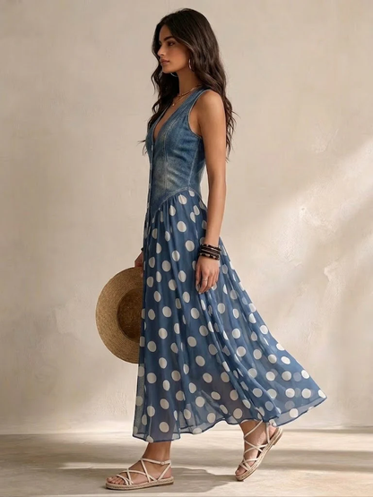 Brenda | Elegant denimklänning med gasvävskjol och prickar