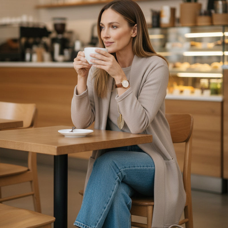 Elegant 3-delars set som inkluderar lång cardigan, topp och byxor