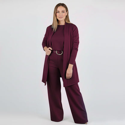Elegant 3-delars set som inkluderar lång cardigan, topp och byxor