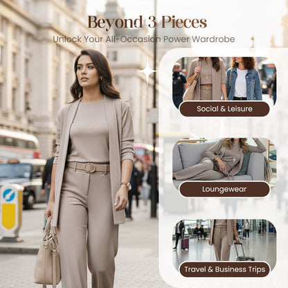 Elegant 3-delars set som inkluderar lång cardigan, topp och byxor