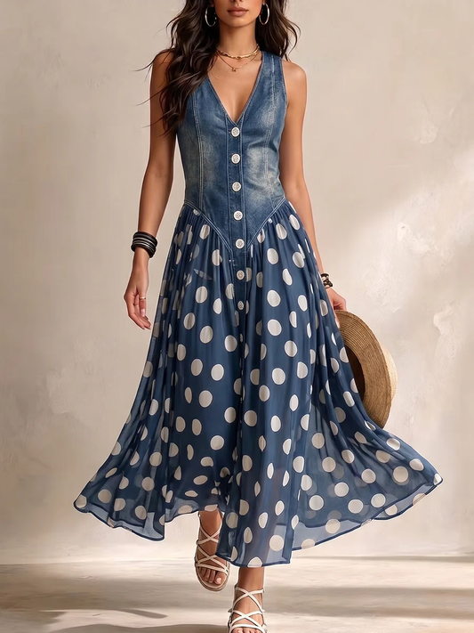 Brenda | Elegant denimklänning med gasvävskjol och prickar