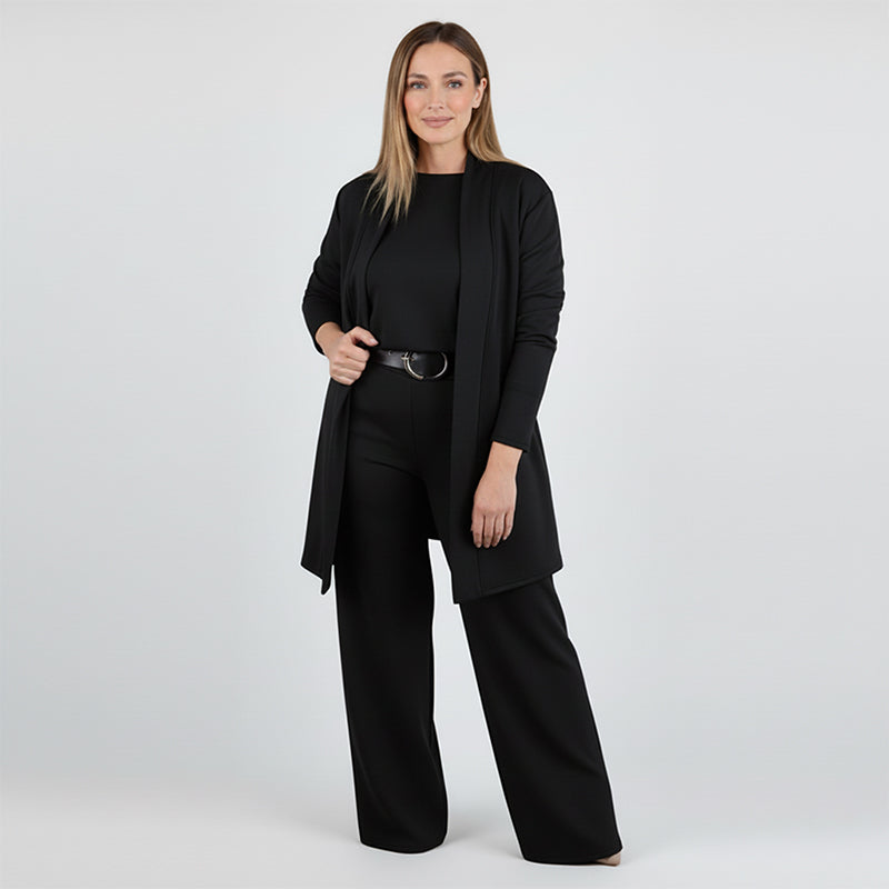 Elegant 3-delars set som inkluderar lång cardigan, topp och byxor