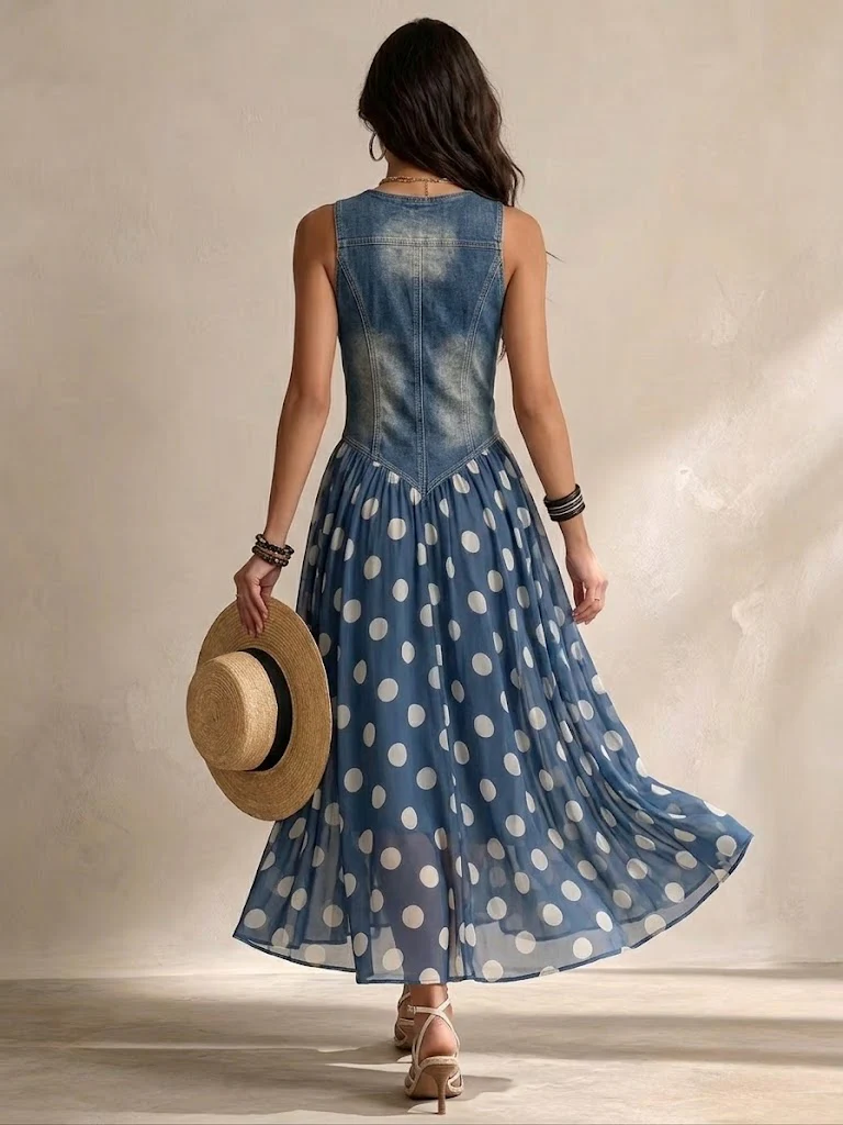 Brenda | Elegant denimklänning med gasvävskjol och prickar