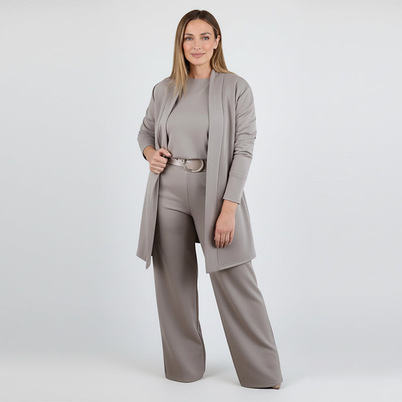 Elegant 3-delars set som inkluderar lång cardigan, topp och byxor
