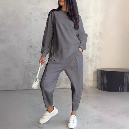Dam Långärmad Sweatshirt och Byxor i Set med Oregelbunden Fåll