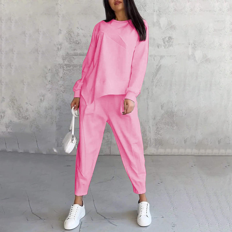 Dam Långärmad Sweatshirt och Byxor i Set med Oregelbunden Fåll