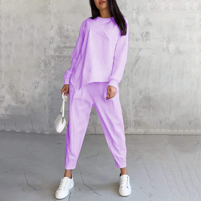 Dam Långärmad Sweatshirt och Byxor i Set med Oregelbunden Fåll