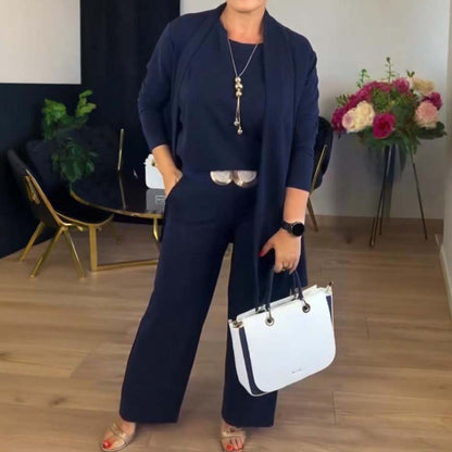 Elegant 3-delars set som inkluderar lång cardigan, topp och byxor